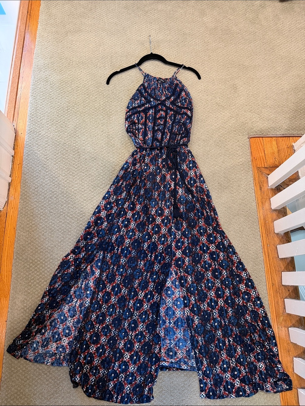 Lucky Brand Navy, Rust & Cream Stiched Detail Top with braided rope belt
